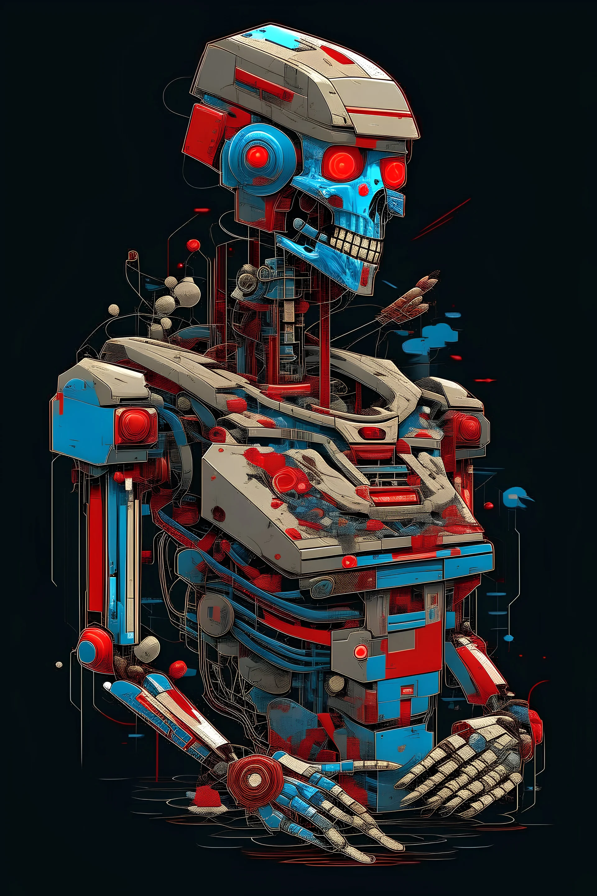 "Elevate your T-shirt design with a unique vector graphic of a man fused with an exploded view of an android r2i robot, created by the master illustrator and urban artist Nychos. The visually descriptive details and psycodelic color scheme will make this design a true work of art." cubism art style