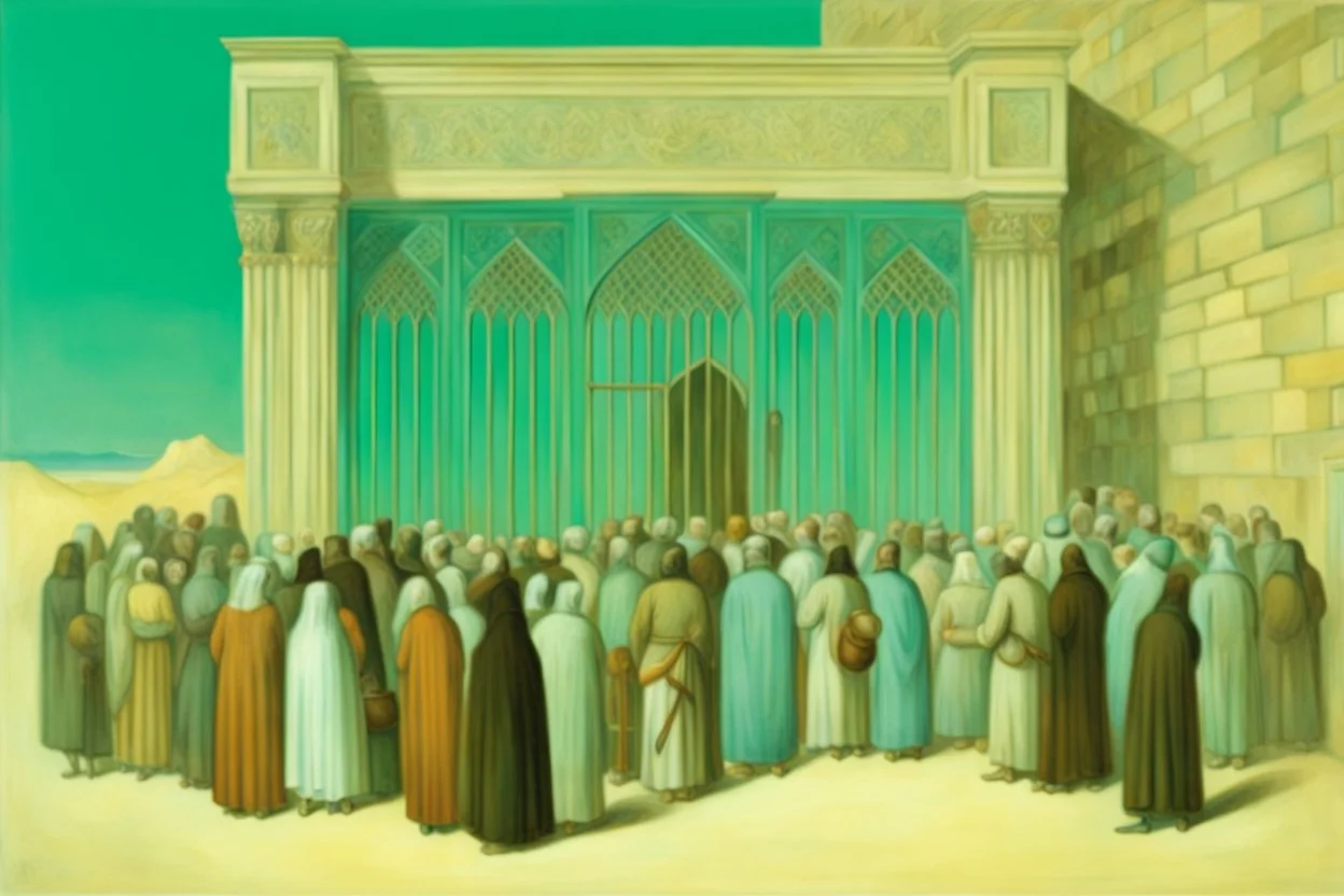 a group of people outside a gothic_arab glass gate in a turquoise wall by artist "Richard Dadd",by artist "de Chirico", highly detailed