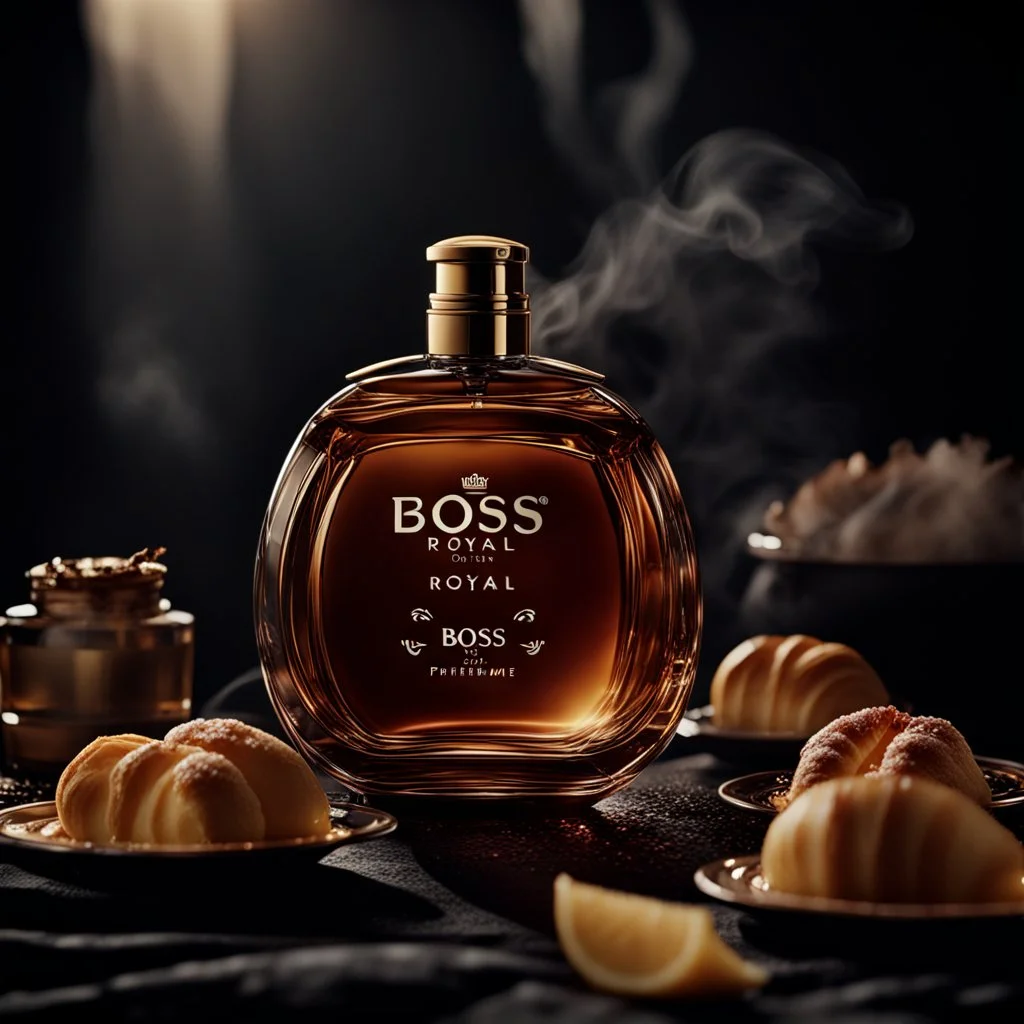 social media ad post for boss brand royal perfume .steam in the background. dramatic on rock cinematic croissant .cinematic,8k high cualitcy