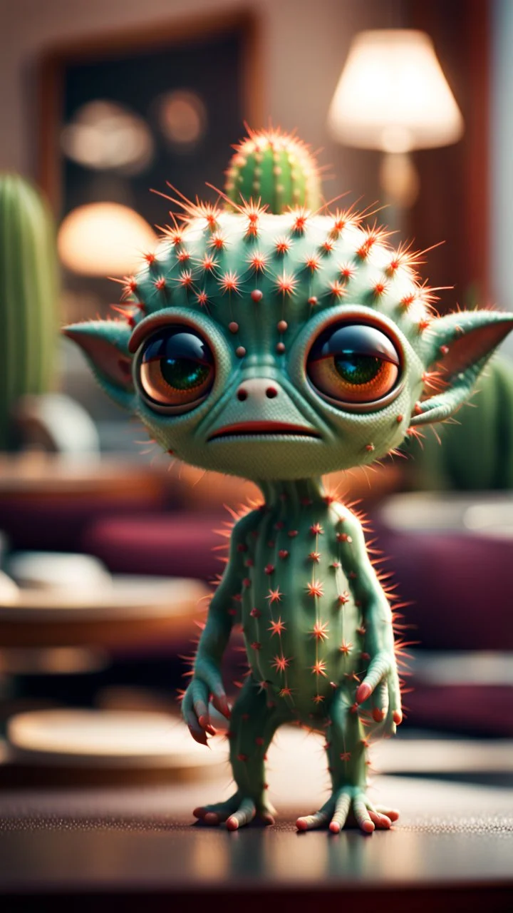 sad cactus alien gremlin in high end parlor,bokeh like f/0.8, tilt-shift lens 8k, high detail, smooth render, down-light, unreal engine, prize winning