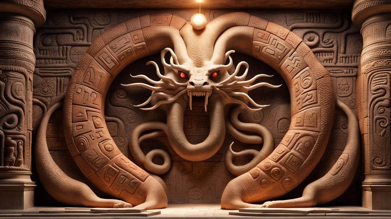 photorealistic strange paleozoic hydra 3-foot "dimensional portal made of subatomic particles" in a gigantic Neanderthal jeweled palace hyeroglyphs on the walls, thunderbolt storm