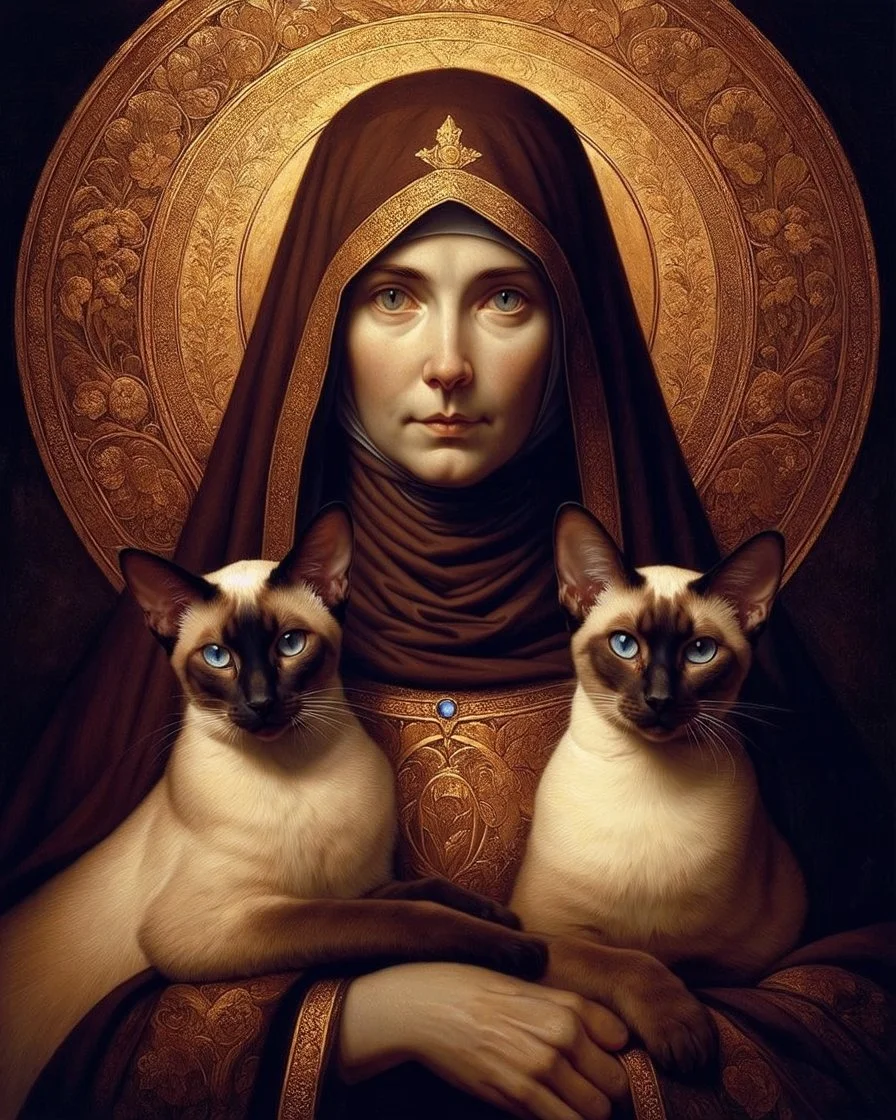 hauntingly illuminated medieval portrait of Saint Gertrude of Nivelles, her serene yet commanding presence radiating from the gilded frame as if stepping through time. Dressed in flowing 7th-century abbess robes of deep burgundy and gold, she cradles two sinuous Oriental Shorthair chocolate point Siamese cats like sacred relics—their piercing blue eyes glowing like sapphires against velvety sepia fur, their angular faces turned toward her with feline reverence. One paw rests on her embroidered s