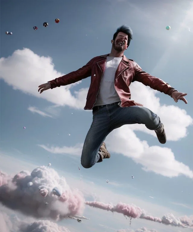 Ultra realistic speed clouds sky scene, wide angle view, strong men falling down with many Childs background, circus clothing style, feather color clothing, free jumping flying, many trinkets, hair monster, many jelly beans, balls, color smoke, smile, happy, extreme, wind, clouds sea, 20,000 feet altitude, stratosphere, soft color, highly detailed, unreal engine 5, ray tracing, RTX, lumen lighting, ultra detail, volumetric lighting, 3d, finely drawn, high definition, high resolution.