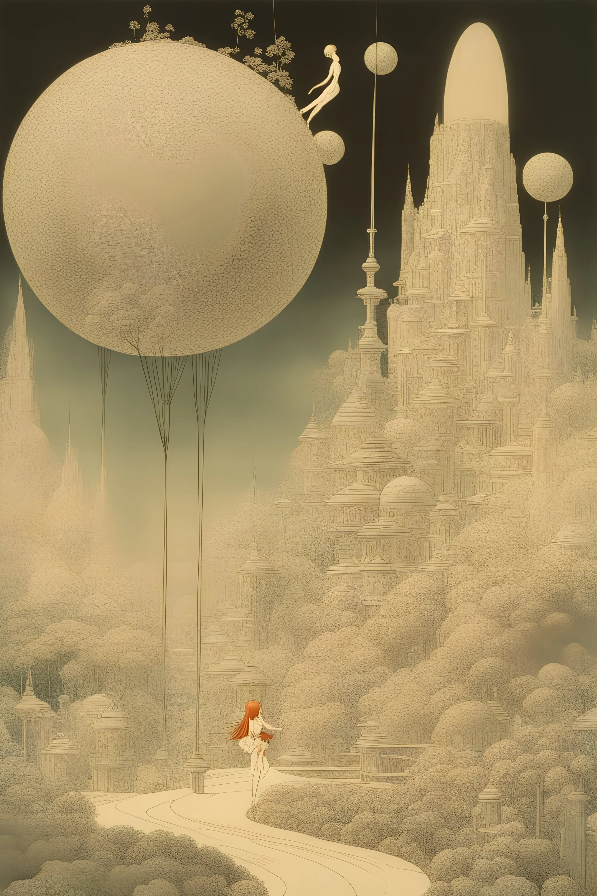 Kay Nielsen, Henry Hintermeister, Surreal, mysterious, strange, fantastical, fantasy, Sci-fi,Japanese anime, miniature garden study, sphere and maze, three-dimensional world that spreads in two dimensions, miniskirt beautiful girl, perfect voluminous body, detailed masterpiece
