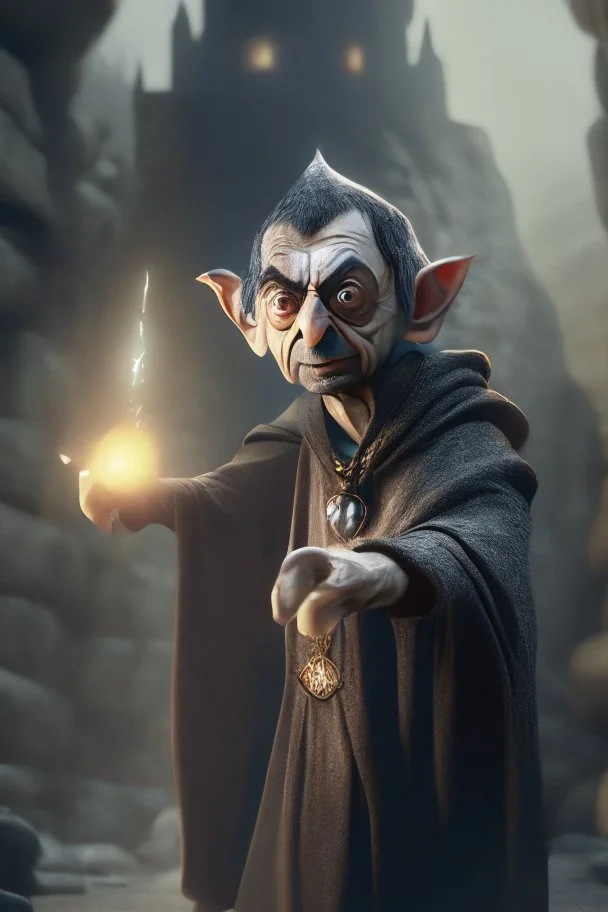 photorealistic, mr bean as robed goblin shaman wielding morning star in dark stone castle, 4 k, trending art, depth of field, volumetric light