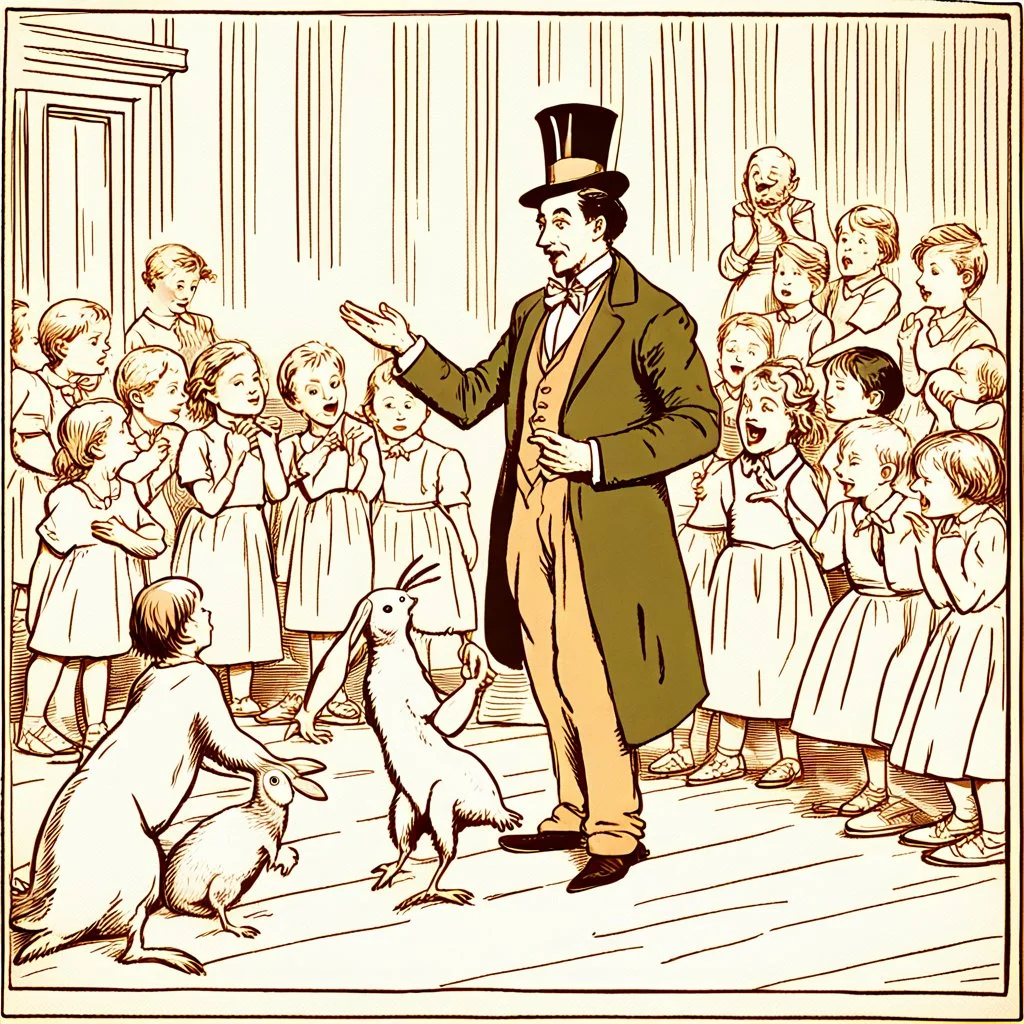 A magician stands in front of a group of children who sit in front of him on a mat on the floor and pulls out a rabbit from a top hat, the children look open-mouthed and wide-eyed and clap their hands, in the background a parrot stands on a pole and observes what is happening