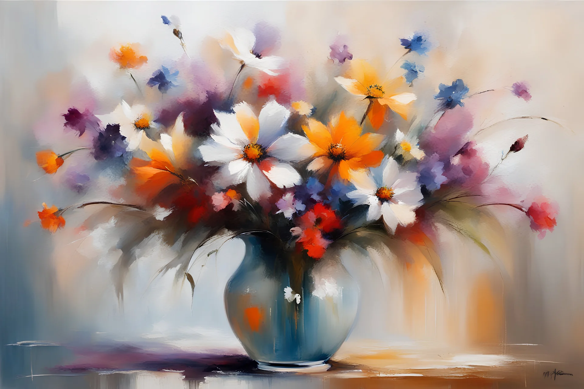 A bouquet of wild flowers in a vase. Abstract Oil painting in the style of Willem Haenraets.