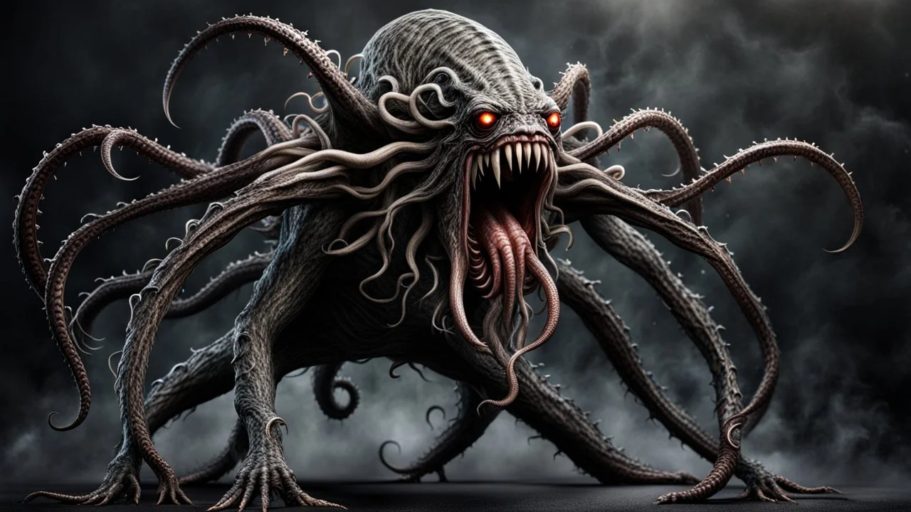 from the back a sad fantasy monster with many tentacles, sad pose, scary creature without face and without eyes, with big mouth, full length, full body without legs, very detailed, intricate insanely, Hyperrealism, photorealistic, natural volumetric light, dark fantasy style, photo style