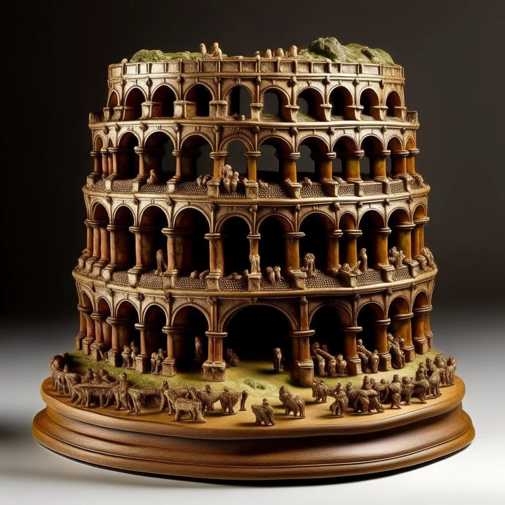 A bronze coliseum made out of clay designed in African pottery painted by Albrecht Durer