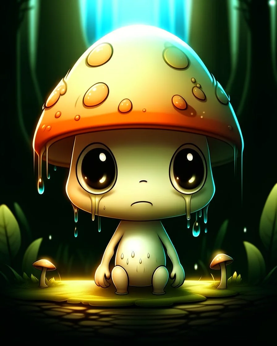 A melancholic creepy kawaii mushroom with a tiny, frowning mouth and big droopy eyes, sitting on a mossy log in a quiet and peaceful forest, lost in its own thoughtsto add personality, outline