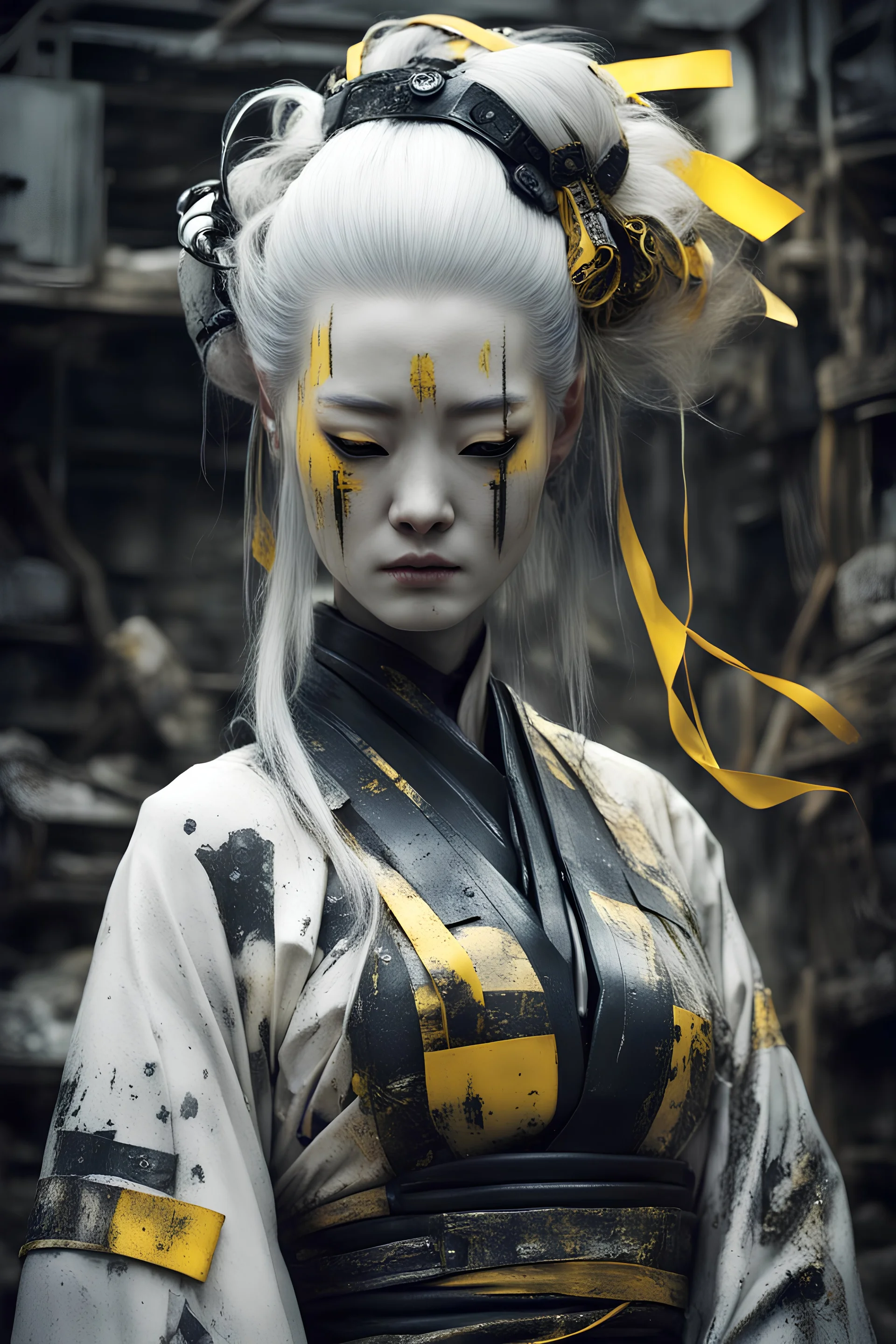 discarded, lifeless, dirty, old, broken, ruptured, malfunctioning, white plastic geisha android wrapped in black yellow ribbon with text "EXPIRED", post apocalyptic scrapyard, long white hair, shrouded in darkness, oriental, glowing circuitboard pattern on the skin, light particles, moody, grainy, noisy, concept art, by Alberto Seveso, Cyril Rolando, Dan Mumford, Meaningful Visual Art, Detailed Painting, Digital Illustration, Unreal Engine 5