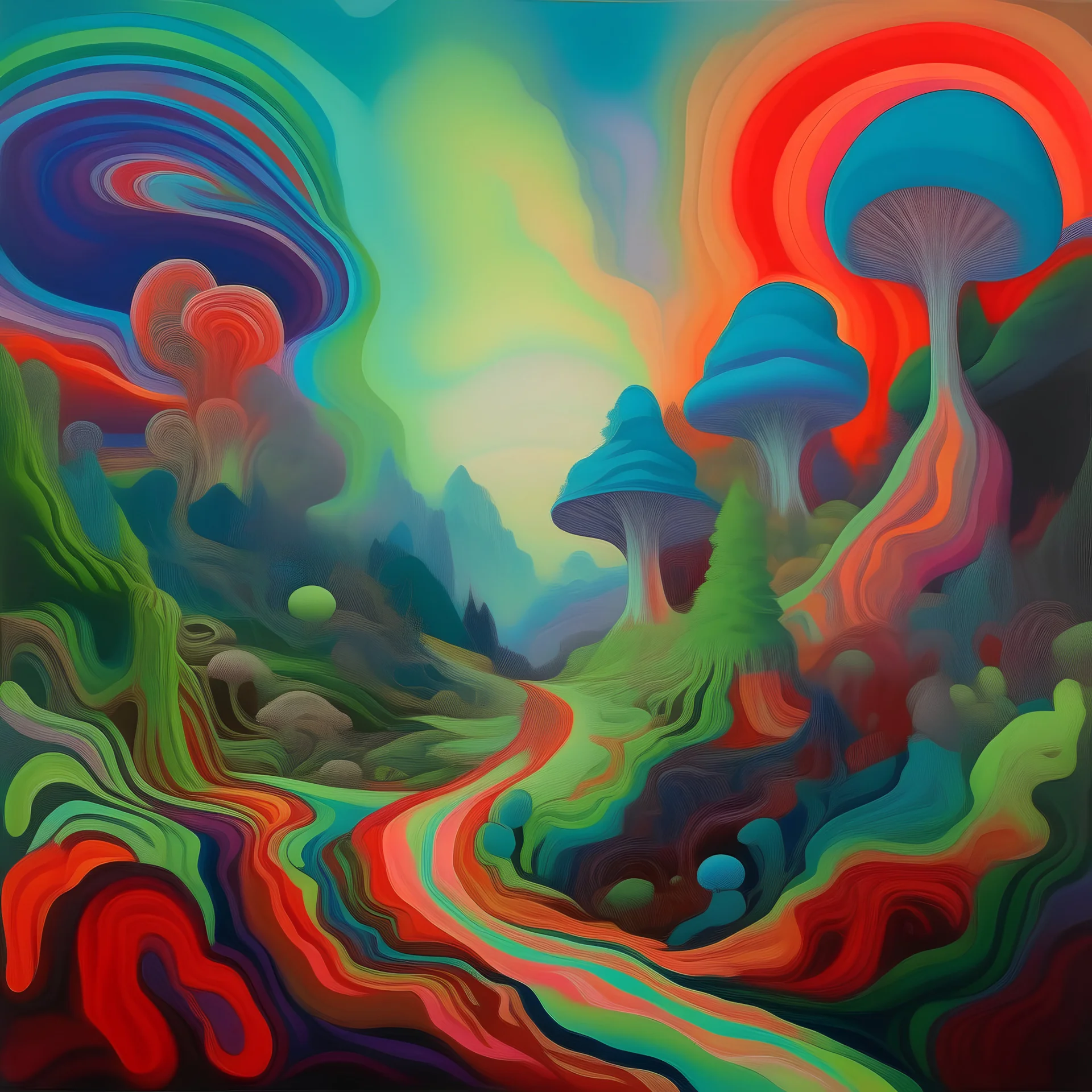 A painting of a trippy landscape