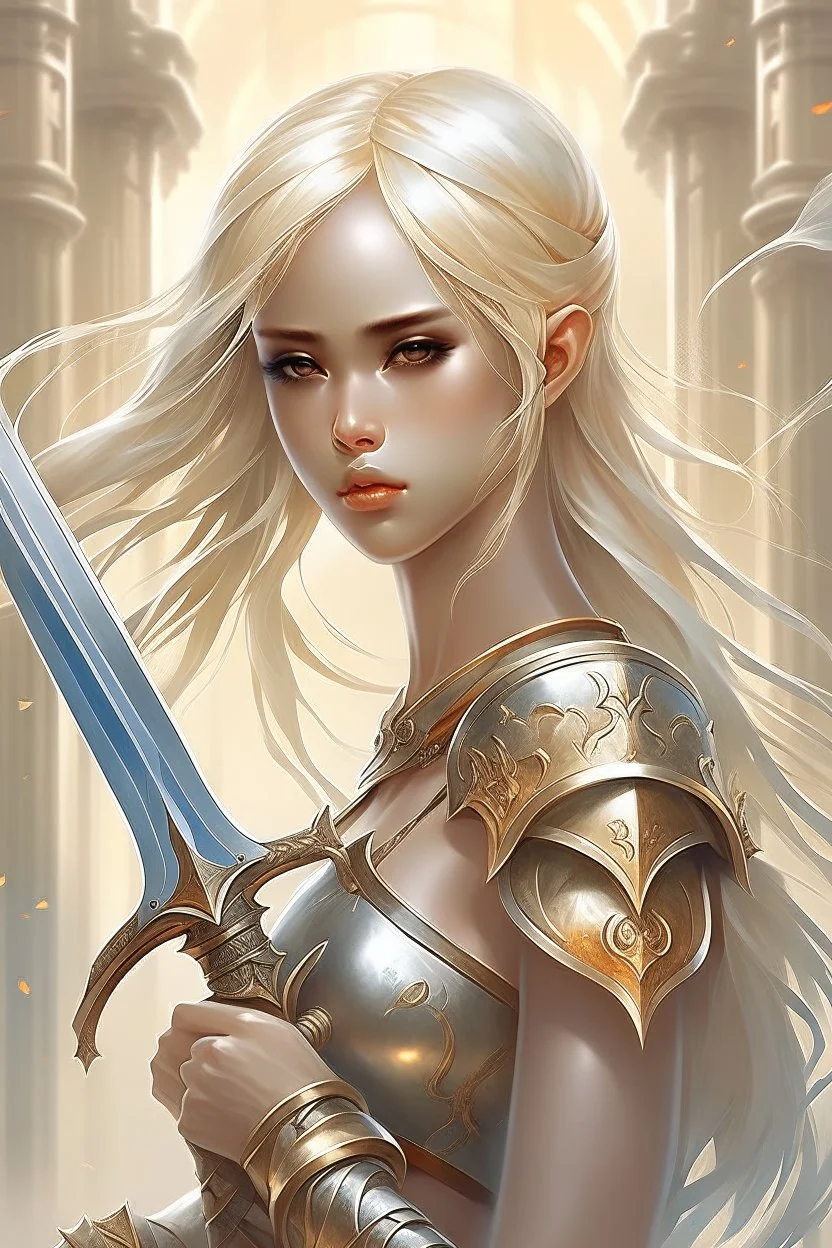 pretty girl, warrior, elf, blonde hair, fantasy, conventionally attractive, fighter, sword, young, maternal, realism