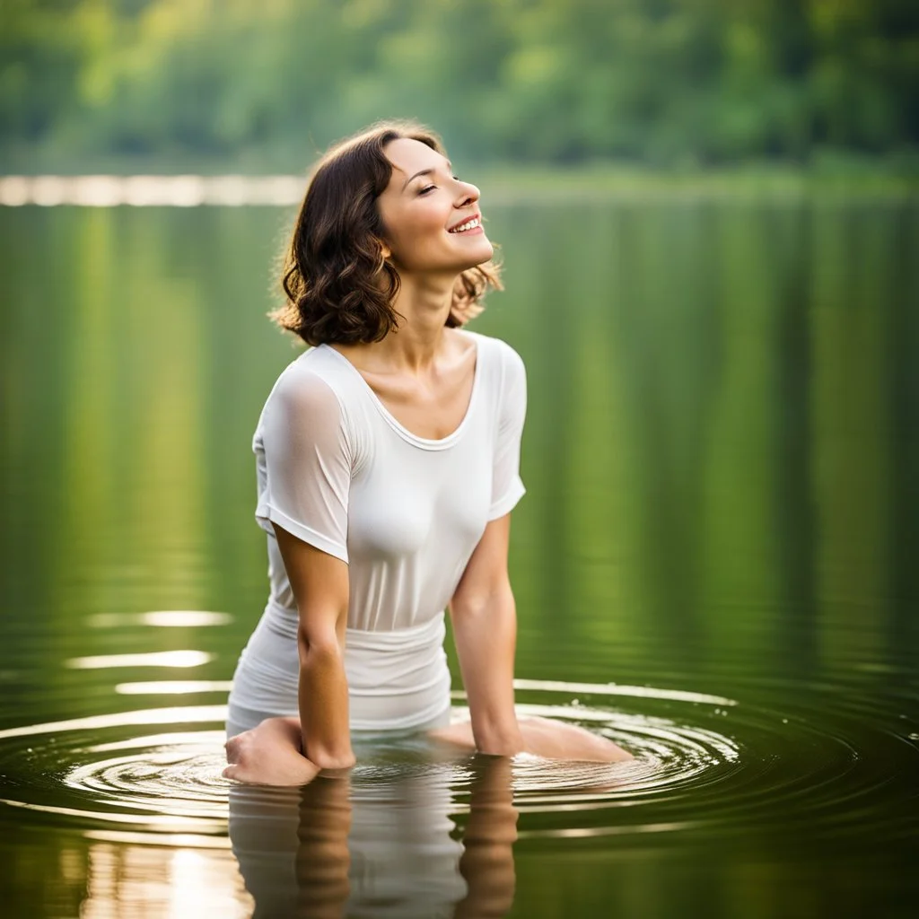 photography of a beautiful and happy woman, standing in lake water, eyes closed, meditation, white top, yoga flyer, brunette short wavy bob haircut, serenity, misty, relaxing image, white misty colors, foggy sunlight, high key