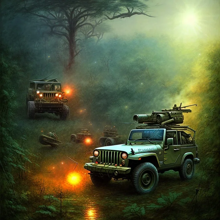 vietnam war. war report. jeep in jungle. bokeh. lens flare. warm lights. high detailed. beksinski