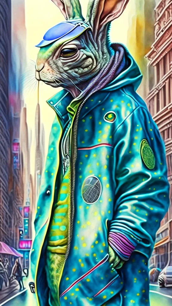 Conejo alienígena antropomorfico con chaqueta, Jens, tennis y gorra en la ciudad, full body, arte de acuarela, calidad ultra, hiperdetallado, maximalista, increíble obra de arte, 12k