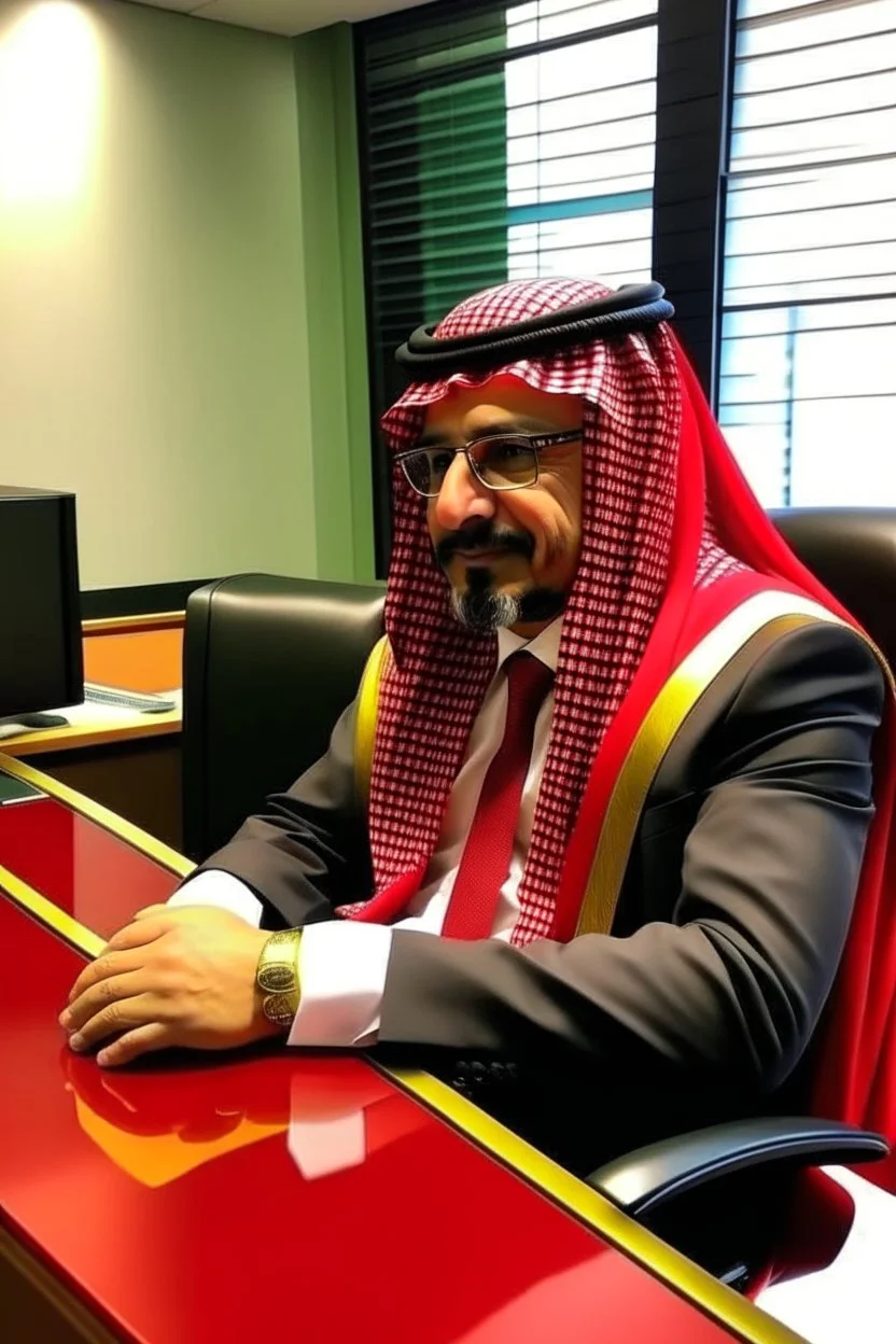 A Saudi lawyer wearing a modern red Saudi shemagh and headband sat at a law office