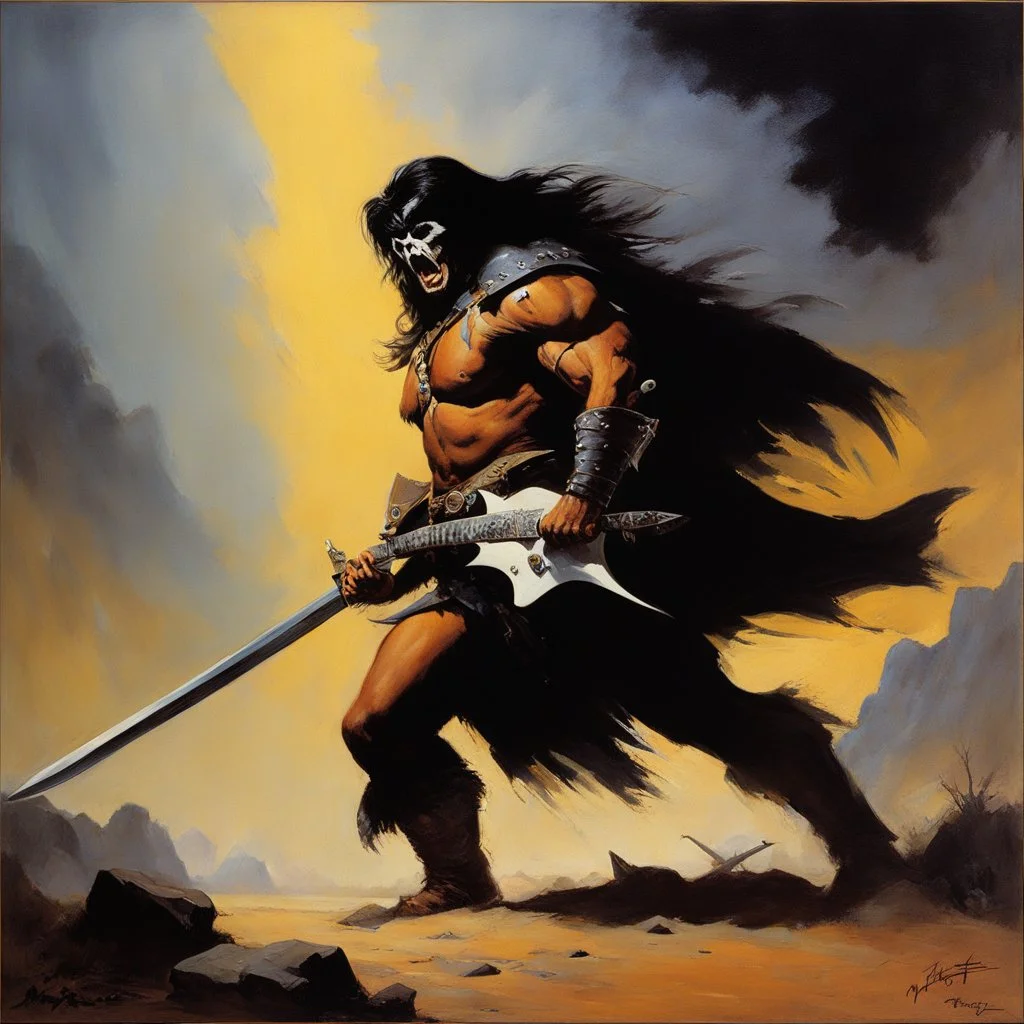 [the Death Dealer: oil painting] Molly Hatchet by Frank frazetta. Molly Hatchet is fighting with his guitar as a sword, the screams of pain and suffering echo of his opponents as they are dispatched all around him. Even in death, they call his name, begging forgiveness for their failure to win the day.