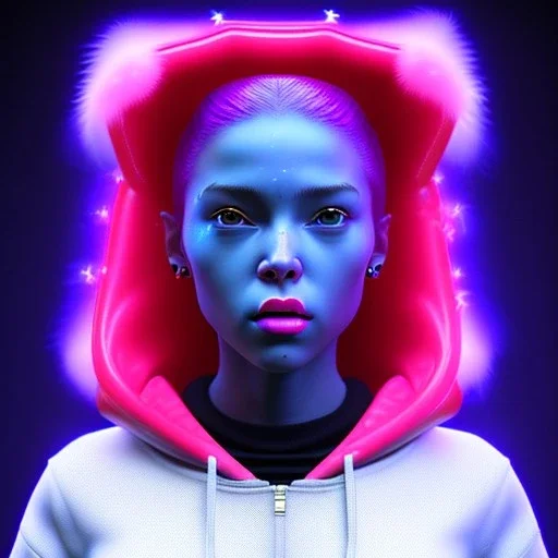 Us woman, rounded face, bubble gum, stars, blonde, red, blue, white, hoodie, feathers, retro, latex, leather, soft color, highly detailed, art stations, concept art, smooth, unreal engine 5, god rays, ray tracing, RTX, lumen lighting, ultra detail, volumetric lighting, 3d, finely drawn, high definition, high resolution, neon background.