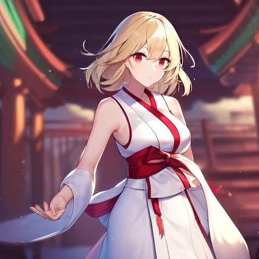 Clear Focus, High resolution, girl wearing a miko outfit, wearing a short white skirt, sleeveless, medium hair length, fluffy tight hair, blonde hair, red eyes, wearing red bow behind hair