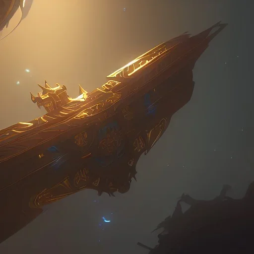 huge ornate spaceship made of brass flying through space, dramatic lighting