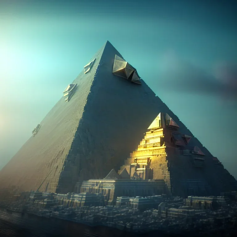 A pyramid rising into the sky on invisible fins, deviantart, Photorealistic, polychromatic, geometric, filmic, complex, Photography, Nikon D850, HDR, 64 megapixels, IMAX, 8k resolution