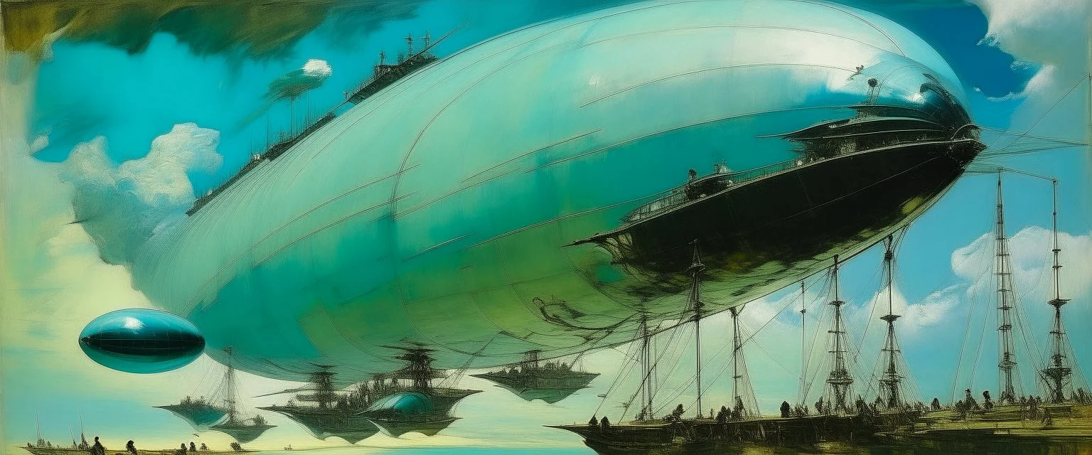 A cyan sky with electrical airships painted by Edouard Manet