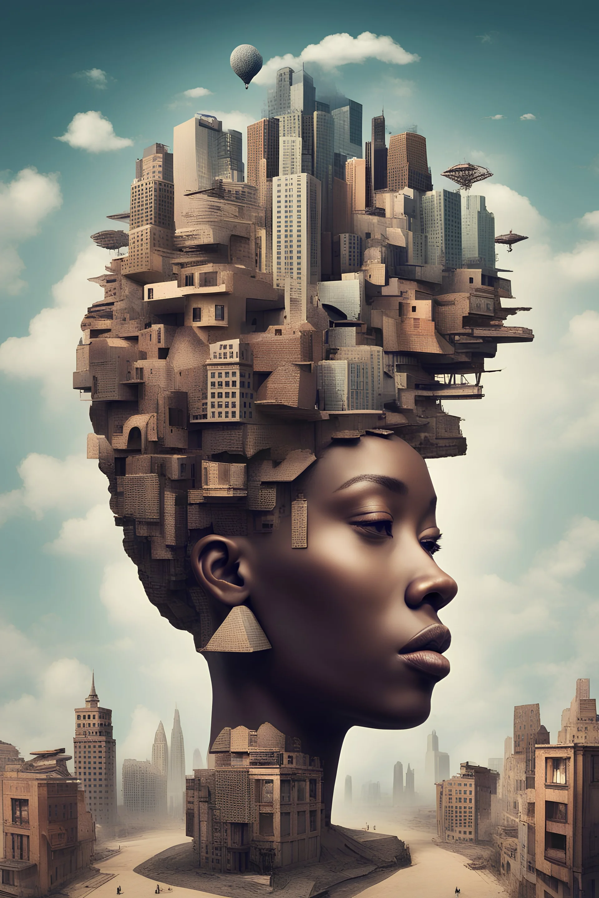 Generate an innovative and creative surrealism. An african head with buildings on top.