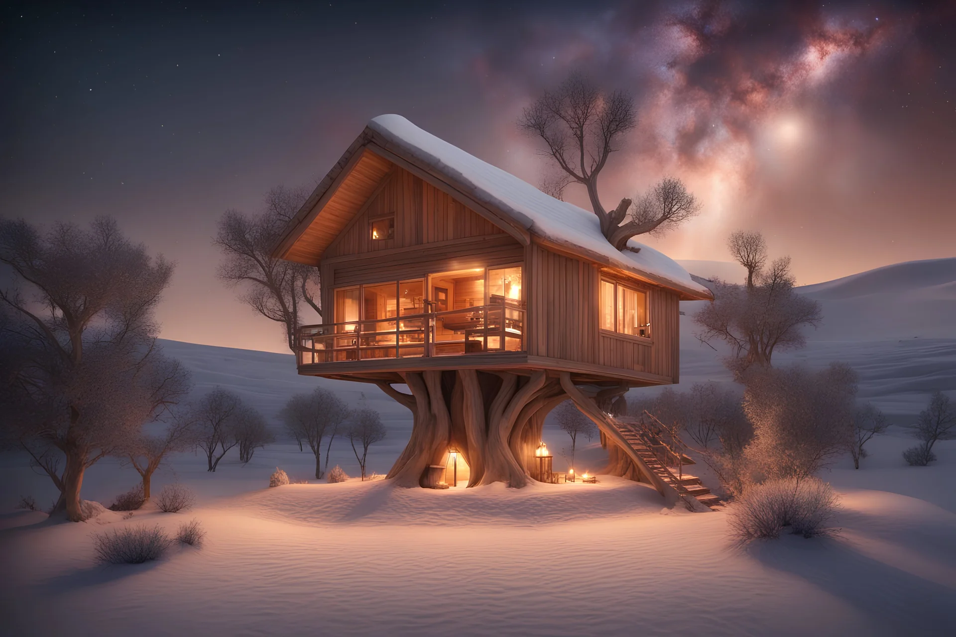 a huge house made of wood, treehouse, in the middle of extreme cold desert. The house is comfy, warm, and peacefull. Add firelights, warm lamps, christmass trees, and beautiful night sky,