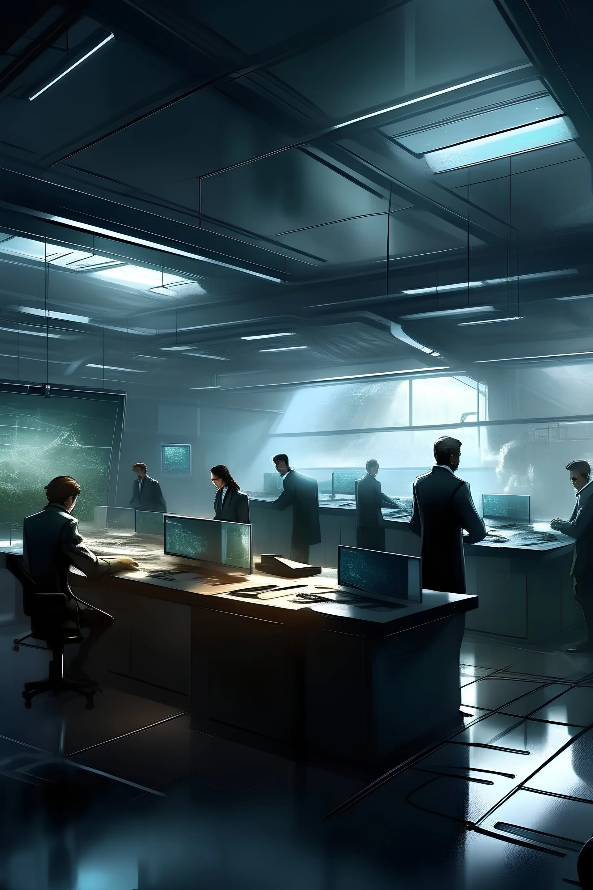 Advanced collective society with some people working in a slightly environmental room