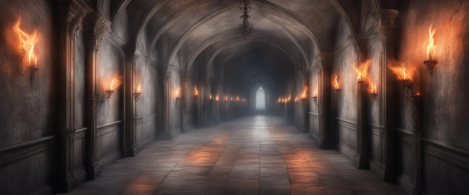 Hyper Realistic haunted hallway of a huge castle with flame torches on wall & spider cobwebs