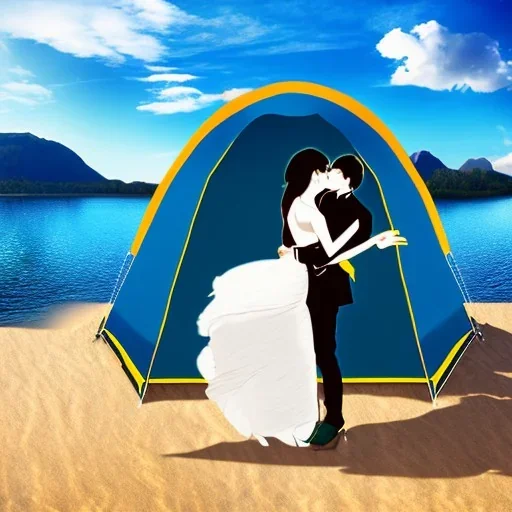 2 lovers last kiss in sand island with tent and river background