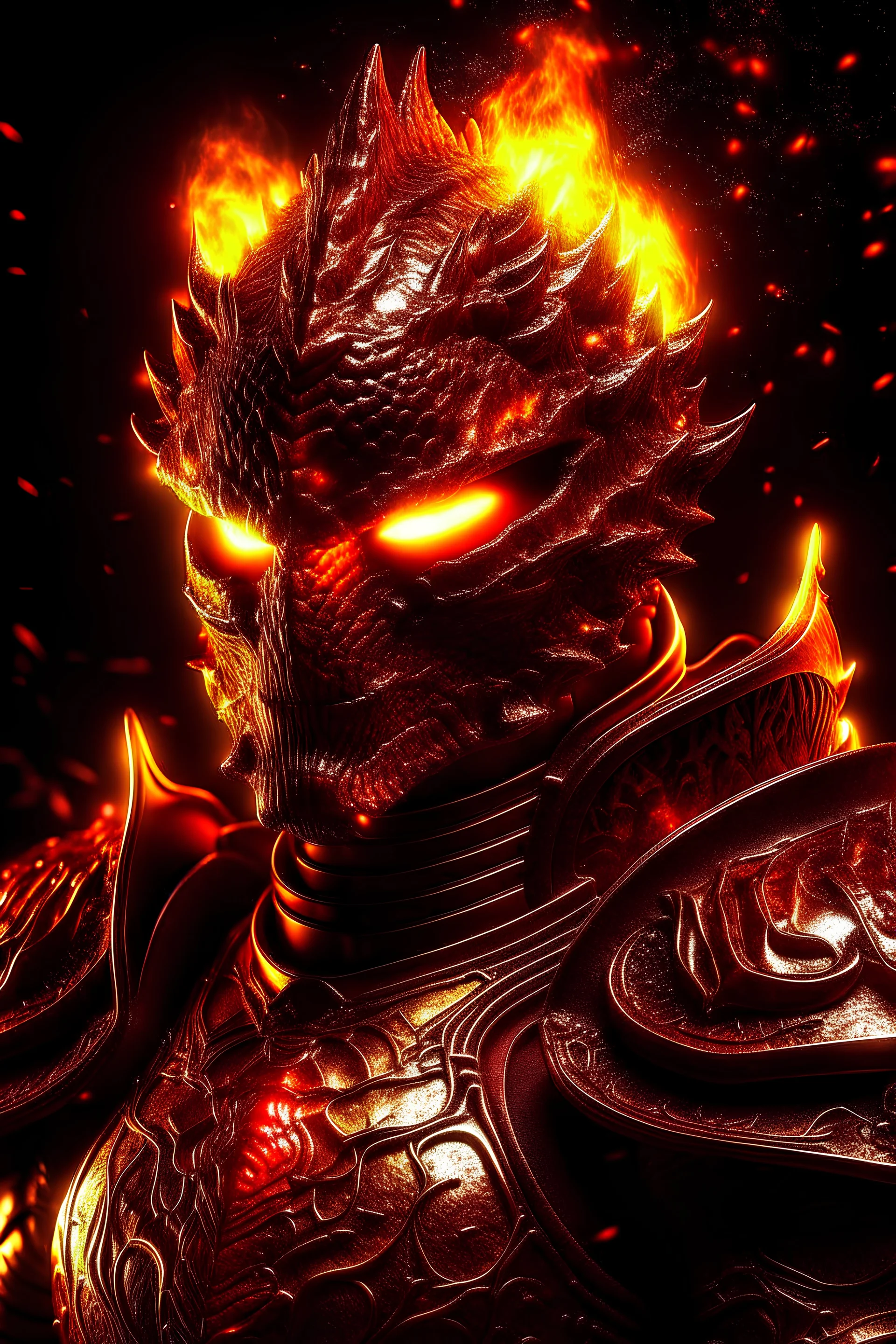 A warrior with a red dragon helmet and a red shell armor sparkling fire sprinkling with glowing eyes and those red gold