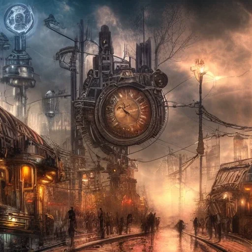 Dystopian, steampunk, cityscape, high resolution, glossy, mickey mouse