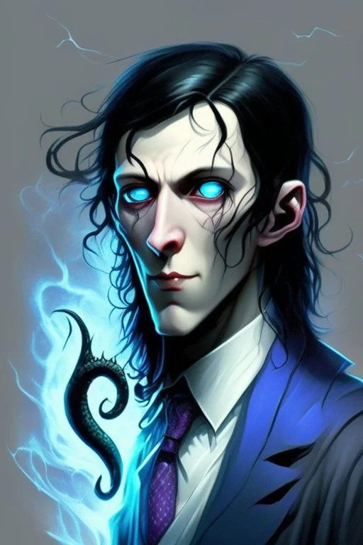 young black haired blue eyed wizard in the style of lovecraft