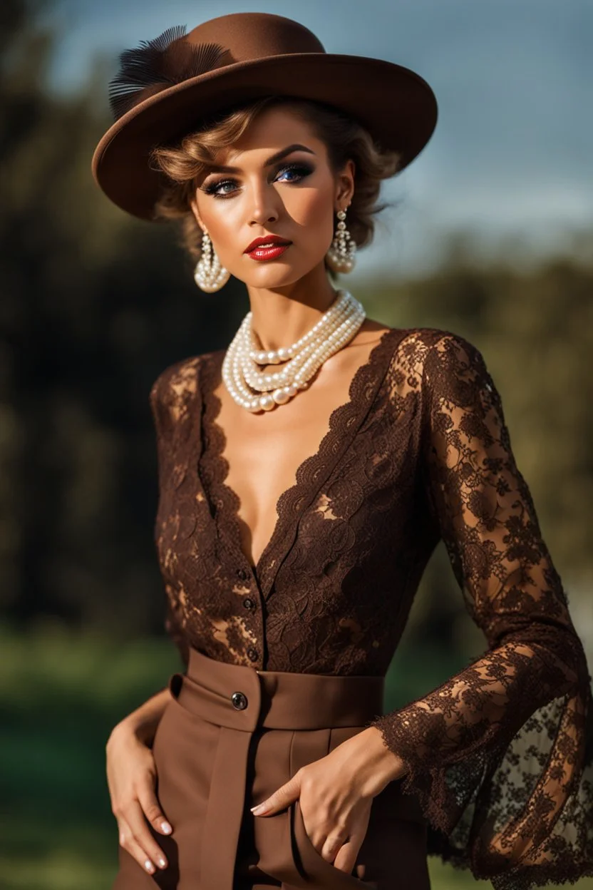 full body beautiful girl, elegant brown lace clothes of the 80s, luxury style, small elegant hat with feather, hair of the 80s, pearl necklace, earrings masterful, beautiful face