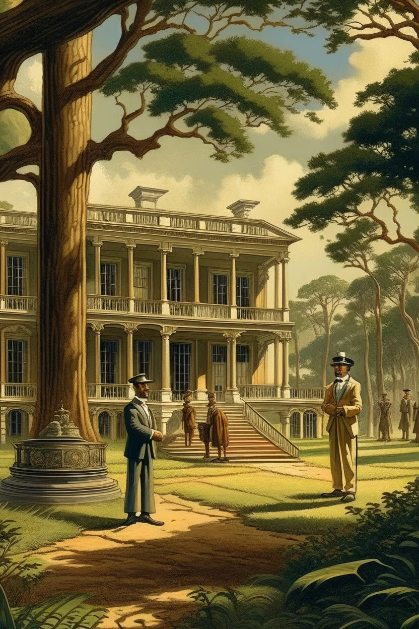 Illustrate a grand plantation setting in the 1800s, with Isaac Franklin and John Armfield as wealthy slave owners. Highlight their opulent lifestyle and the beginning of their partnership.