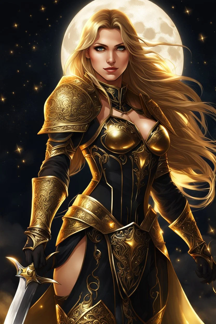 SUPER PRETTY GIRL, DRESSED WITH A BLACK-GOLD SMALL ARMOUR, GOLDEN LONG HAIRED, GOLDEN EYES, GREATH SMILE, BIG BUBS, NICE BODY, STAY ON DARKNESS CASTLE, STARS SKY, MOON, LEGENDARY WARRIOR, POWERED GIRL, A GOLDEN GLOW AROUND HER BODY.