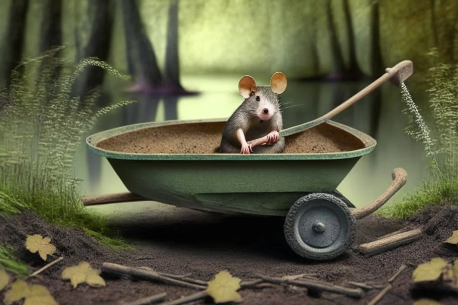 mouse in wheelbarrow, in forest by lake