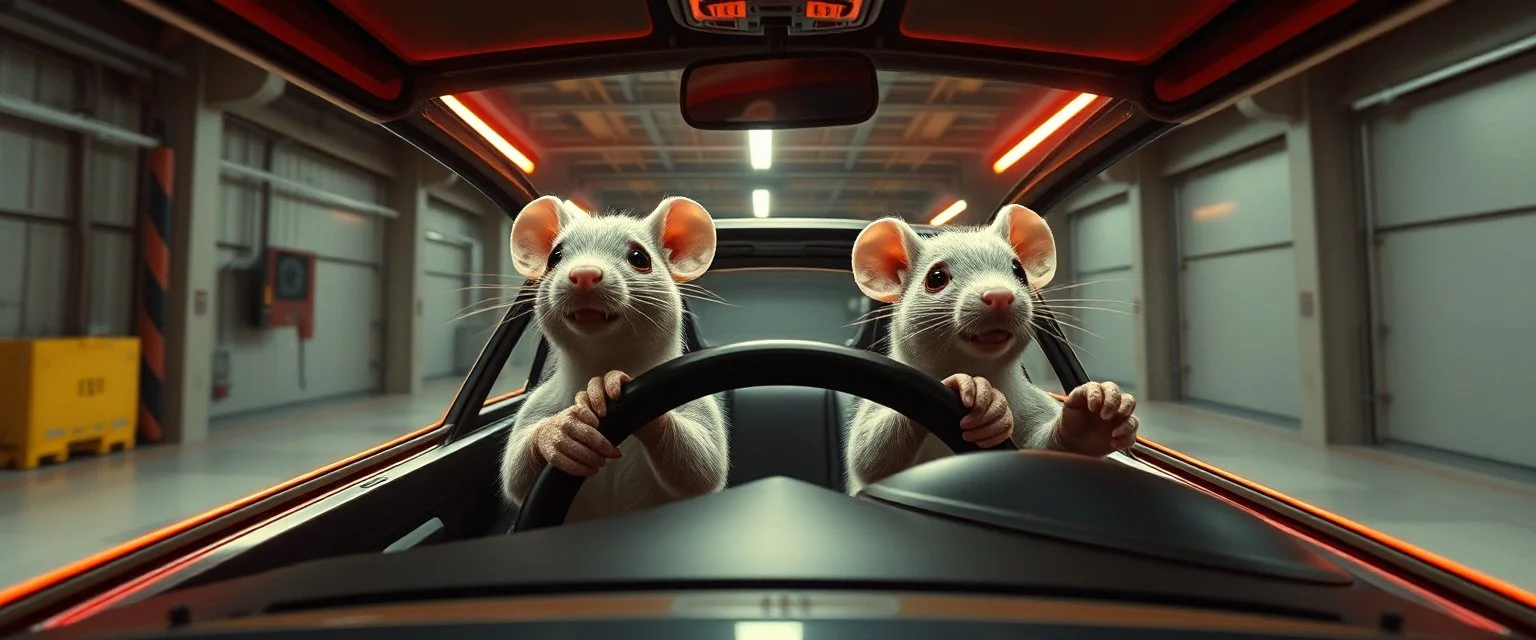 car driving happy 2d neon fluffy orc wheel test dummy rats with human hands in the style of Escher and Giger and Fallout 4, pinhole cam, airbrush 3d rendering, on tv screen:A five-second cinematic single take in a clean industrial presentation hall.