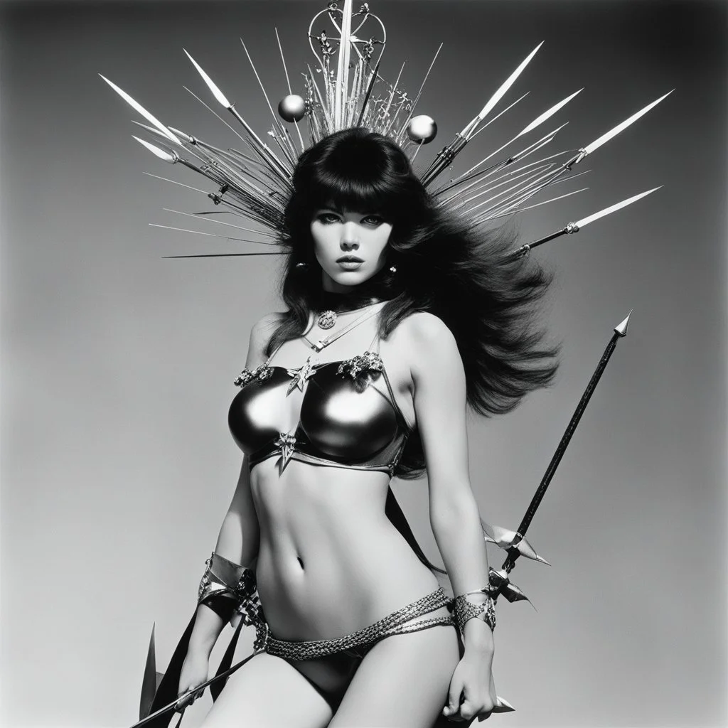 [high res photo by Kishin Shinoyama (1968)] a female Barbarella version of Saint Sebastian pierced by arrows
