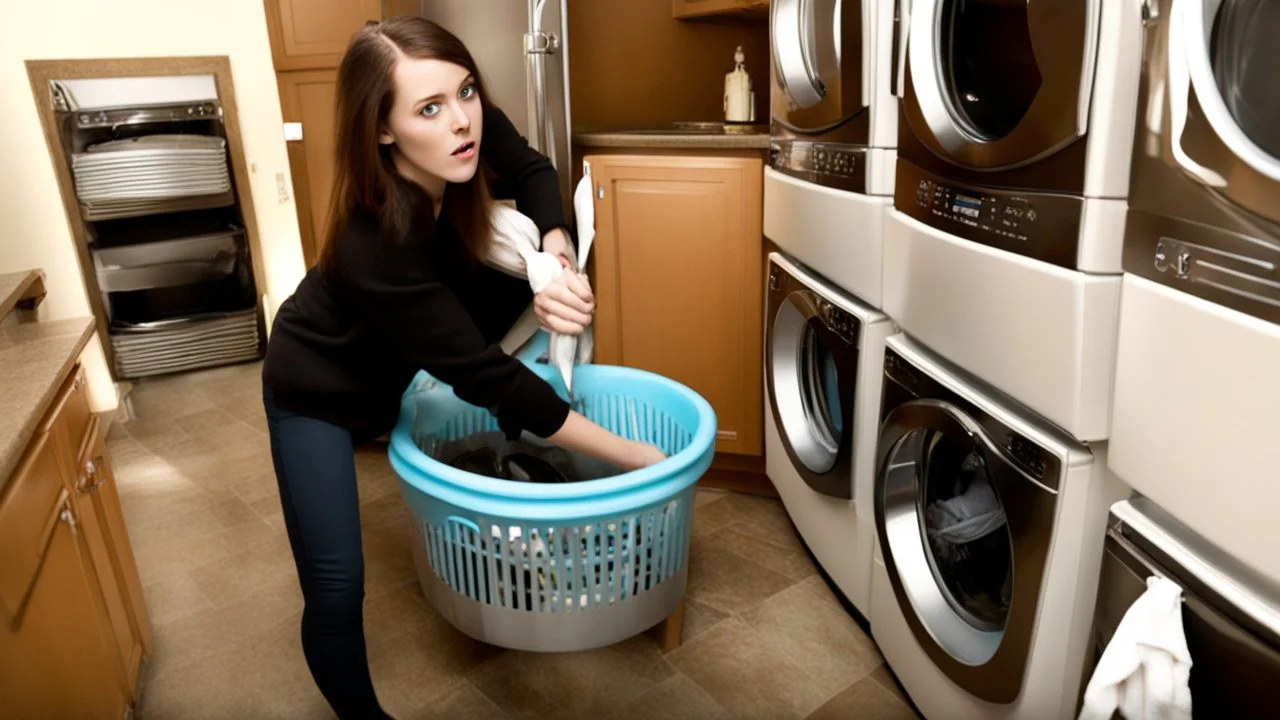 very confused young woman tosses a few metal spoons into her household dryer