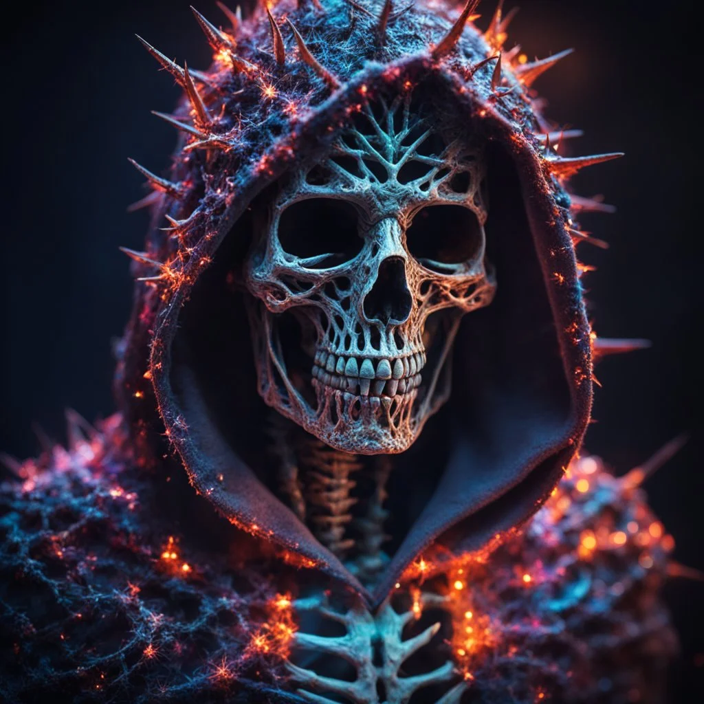 hooded marble skeleton covered with glowing thorns, bright colors, glowing sparkle particles, dark tone, sharp focus, contrast, 8k, incredible depth, dramatic lighting, beautifully intricate details, clean environment, epic dynamic scene