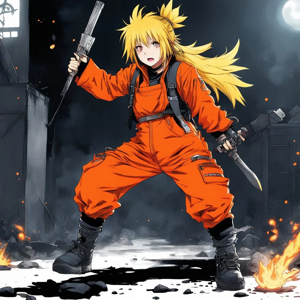 [Dorohedoro] Nikaido kicks and does magic in orange overalls, she stand up and she is dangerous. She is in Hell