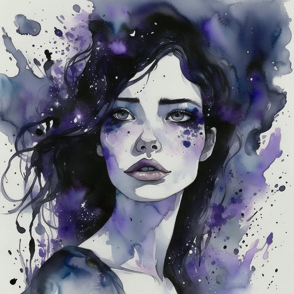 digital fantastical watercolor with long brushstrokes, midjourney style, woman with dark hair being dramatically blown across her freckled face with eyes that are completely black that are spewing cosmic space atmosphere; black and purple and midnight blue color palette, by VS Gaitonde, liminal oncology