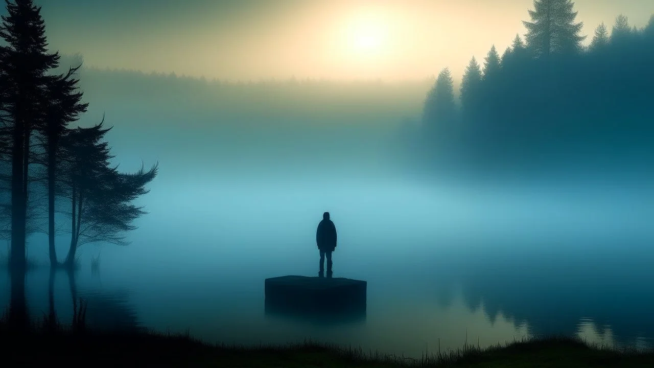 A lone figure standing in a misty, foggy landscape with a glowing cube-shaped object in the distance, surrounded by a body of water and silhouetted trees