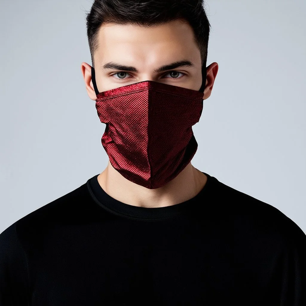 cover album,A male model wears a tshirt black, -fiber material that gives off a cool, metallic sheen. , complementing the minimalist, futuristic aesthetic of him look. Most strikingly, he wears a mask of persian carpet red, featuring elegant, . The mask is crafted from a fabric -like carpet, smooth yet detailed, allowing the model’s facial contours to subtly show through. This interplay between reality and illusion enhances the avant-garde, cyberpunk-inspired design with elements of biomimicry.
