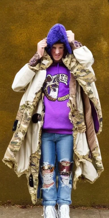 Brunette.thick thighs,thick calves,normal bodytype. big head. Mantle is sewed of upcycled Denim and sewed together of camouflage pieces. Pieces' color are orange, cream and purple. It is with big bright purple felt tippet and cream-colored-hood. mantle is merged with satchel. . Big AKG-style headphones (gold rings!) is merged with small felt cap with small visor. Style: Haute Couture in 1920's, N.Y.C fashion in 1996, inspired by street art. Cream latex gaiter. Her head and rest body visib