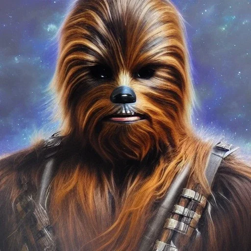 photorealistic and intricate portrait of chewbacca in star wars by Gabriele Dell’otto, wearing beskar armor, deep dark colors, hyperdetailed, 32K, oil on canvas,