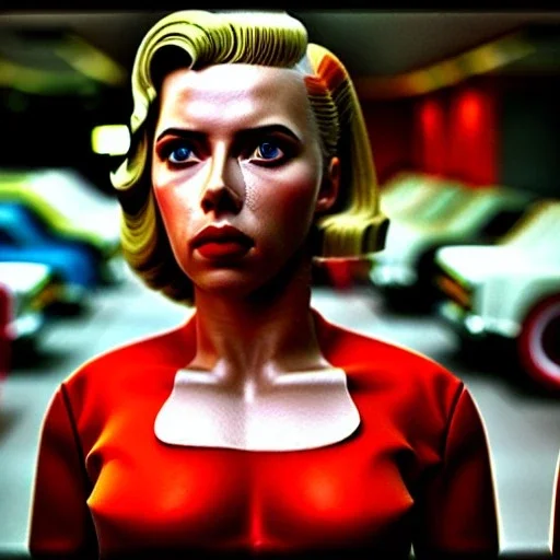 Ultra Realistic retro sci-fi movie Supermarket parking people scene, 1960 year, waist up view portrait, 2 clones blonde women, sweet scarlet Johansson face, perfect iris, glow eyes, face makeup, tight latex coat. many people looking, Retro sci-fi style, soft color, highly detailed, unreal engine 5, ray tracing, RTX, lumen lighting, ultra detail, volumetric lighting, 3d, finely drawn, high definition, high resolution.